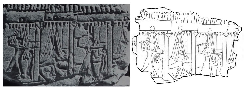 Detail from temple scene showing Nefertiti as executioner & lion-bodied sphinx, c.1350 BC (source: Tawfik 1975 EGYPTOLOGY ARCHIVE Vol. 31,1 (1975).pdf)