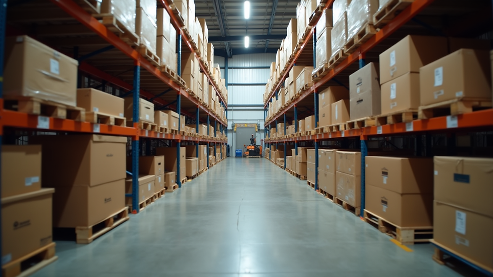 eye-level view of warehouse shelves with organized boxes