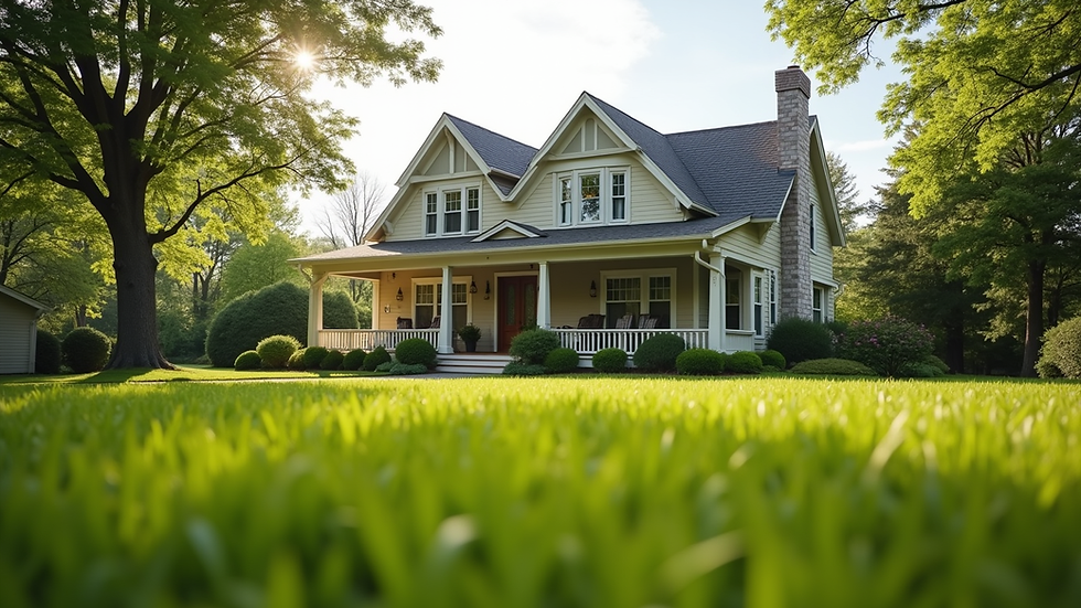 Eye-level view of a cozy suburban house with a well-maintained lawn