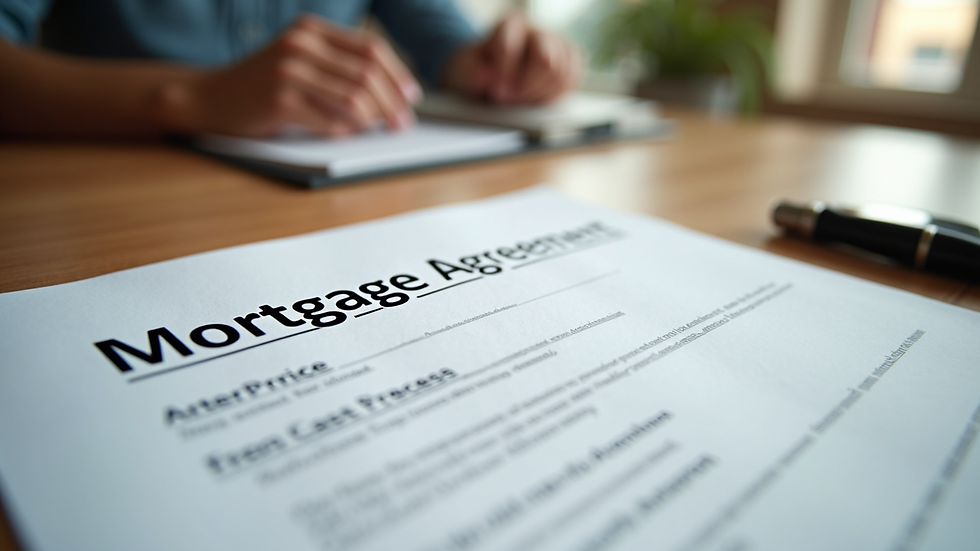Close-up view of a mortgage agreement document on a wooden table