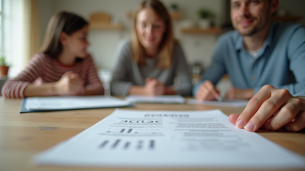 Close-up view of a family reviewing life insurance documents at a kitchen table
