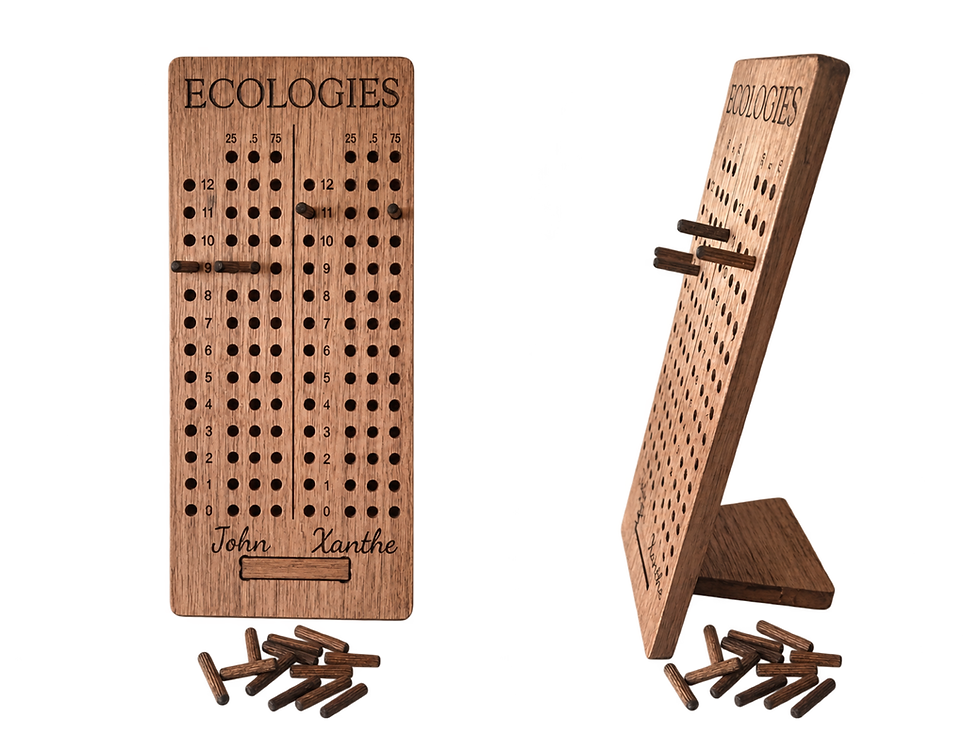 A wooden board with holes to accommodate pegs and engraved text to record scores for the game Ecologies.