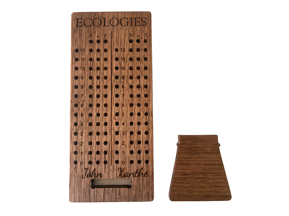 A wooden board with holes to accommodate pegs and engraved text to record scores for the game Ecologies.