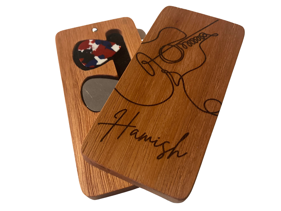Thumbnail: Wooden Personalised Guitar Pick Gift Case Engraved Recycled Wood