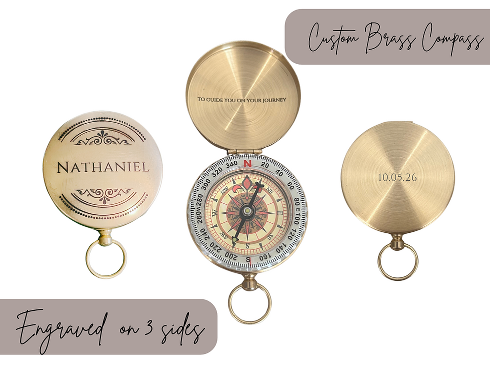Thumbnail: 3 views of a brass compass that can be engraved and personalised to order