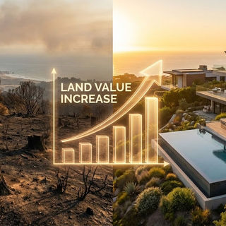 The image contrasts a barren, fire-stricken landscape with a luxurious modern home, emphasizing rising land value potential through a graph. | Monument Home Builders
