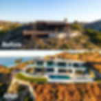 Lot-to-Luxury Home Transformation: A before-and-after image of a fire-damaged mansion in Malibu, transformed into a modern luxury hillside home with ocean views, sunny landscaping, and clean contemporary architecture