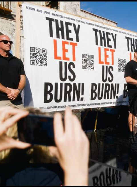 Longtime Pacific Palisades resident and media personality Spencer Pratt speaks at the “They Let Us Burn” rally, where he announced his candidacy for mayor of Los Angeles on the one-year anniversary of the Palisades Fire, citing the disaster and its aftermath as the impetus for his campaign. Photo shared by Spencer Pratt social media. | Malibu Times