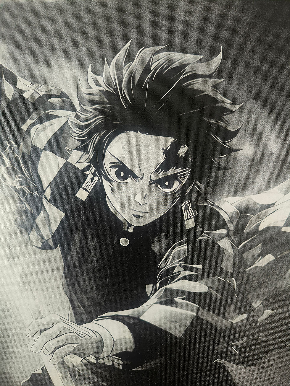Tableau Demon Slayer Tanjiro noir blanc katana lumineux ciel nuageux haori combat peint à l'aérosol laser
