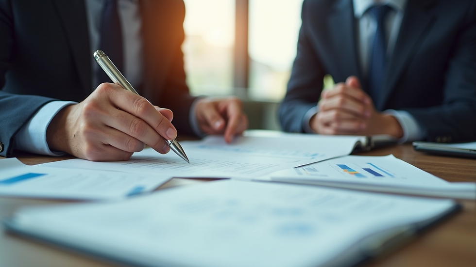 Business meeting with two people in suits at a table, discussing documents with charts, in a sunlit office setting.