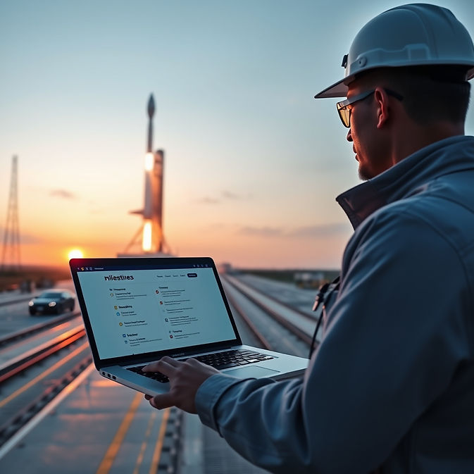  An engineer holding a  laptop showing checklist with milestones and a clear path forward 