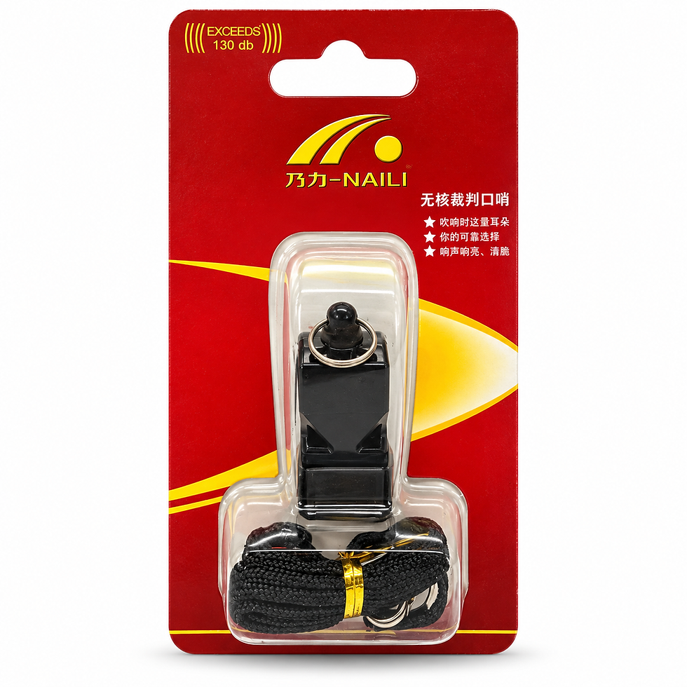 Black pealess referee whistle on a black lanyard with a metal split ring, in its blister pack — TSports Dubai