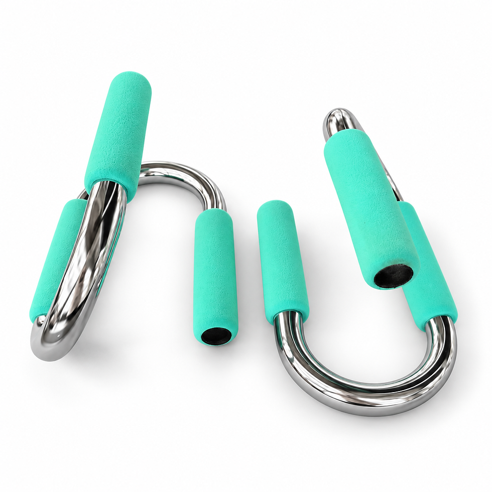Chrome S-shaped push-up stands with mint neoprene sleeves, seen from the side — TSports Dubai