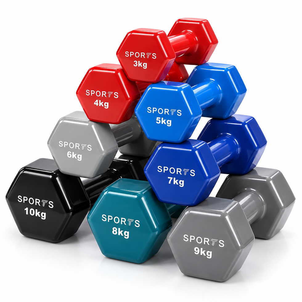 Vinyl dumbbells stacked in a pyramid, marked 3 kg to 10 kg — TSports Dubai