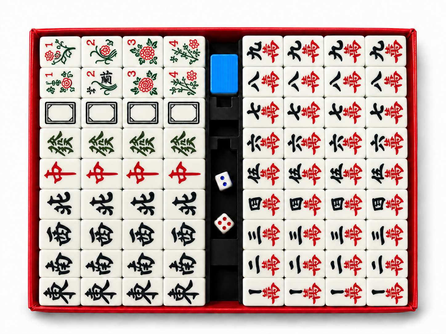 Taiwan mahjong set open in its red case, 144 tiles with dice and marker — TSports Dubai