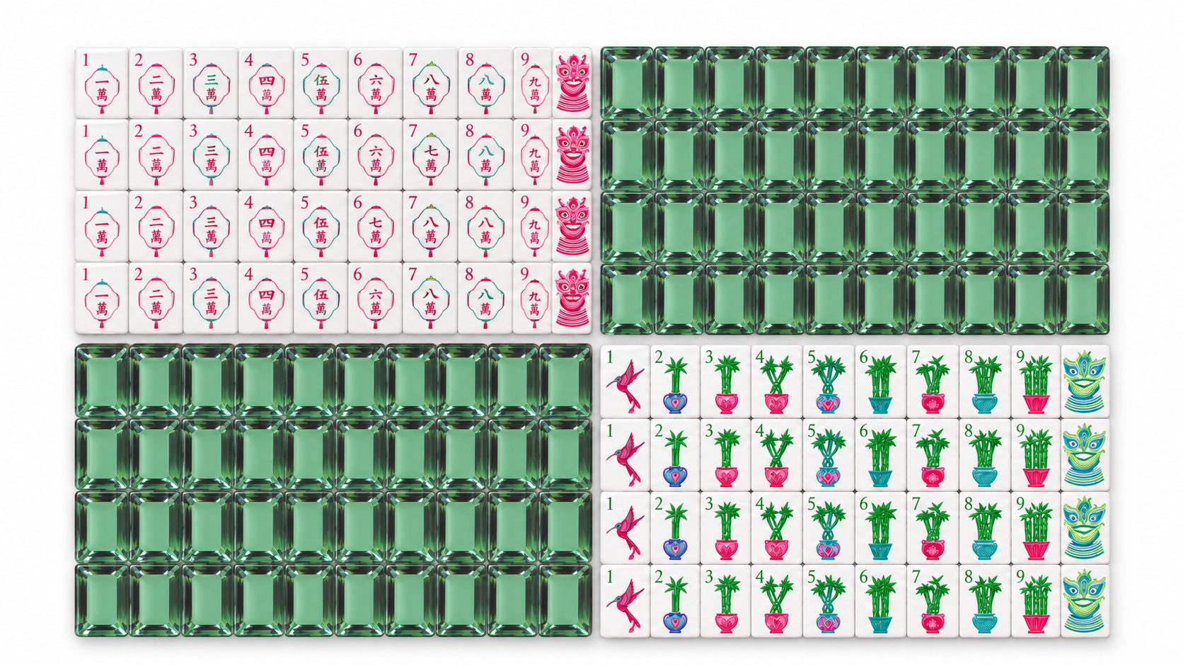 Green American mahjong tiles: gem-pattern backs shown beside crak and bam faces — TSports Dubai