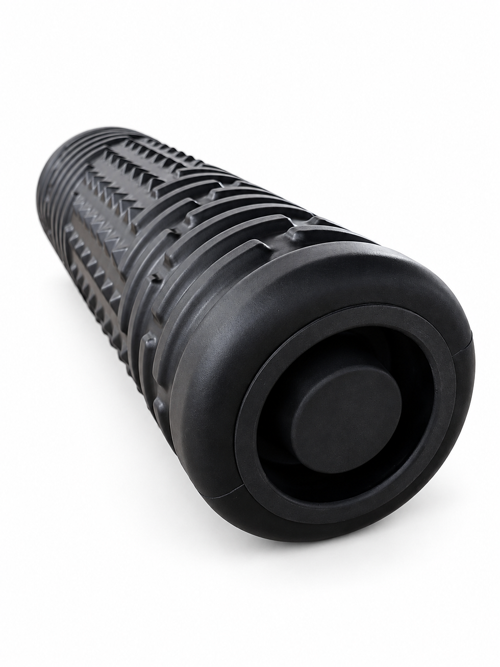 Black textured foam roller lying at an angle, showing the end cap — TSports Dubai
