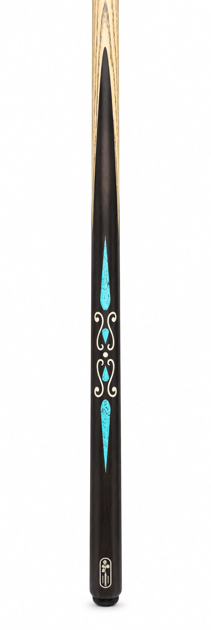 Snooker cue with turquoise teardrop and cream scroll inlays on a black butt — TSports Dubai