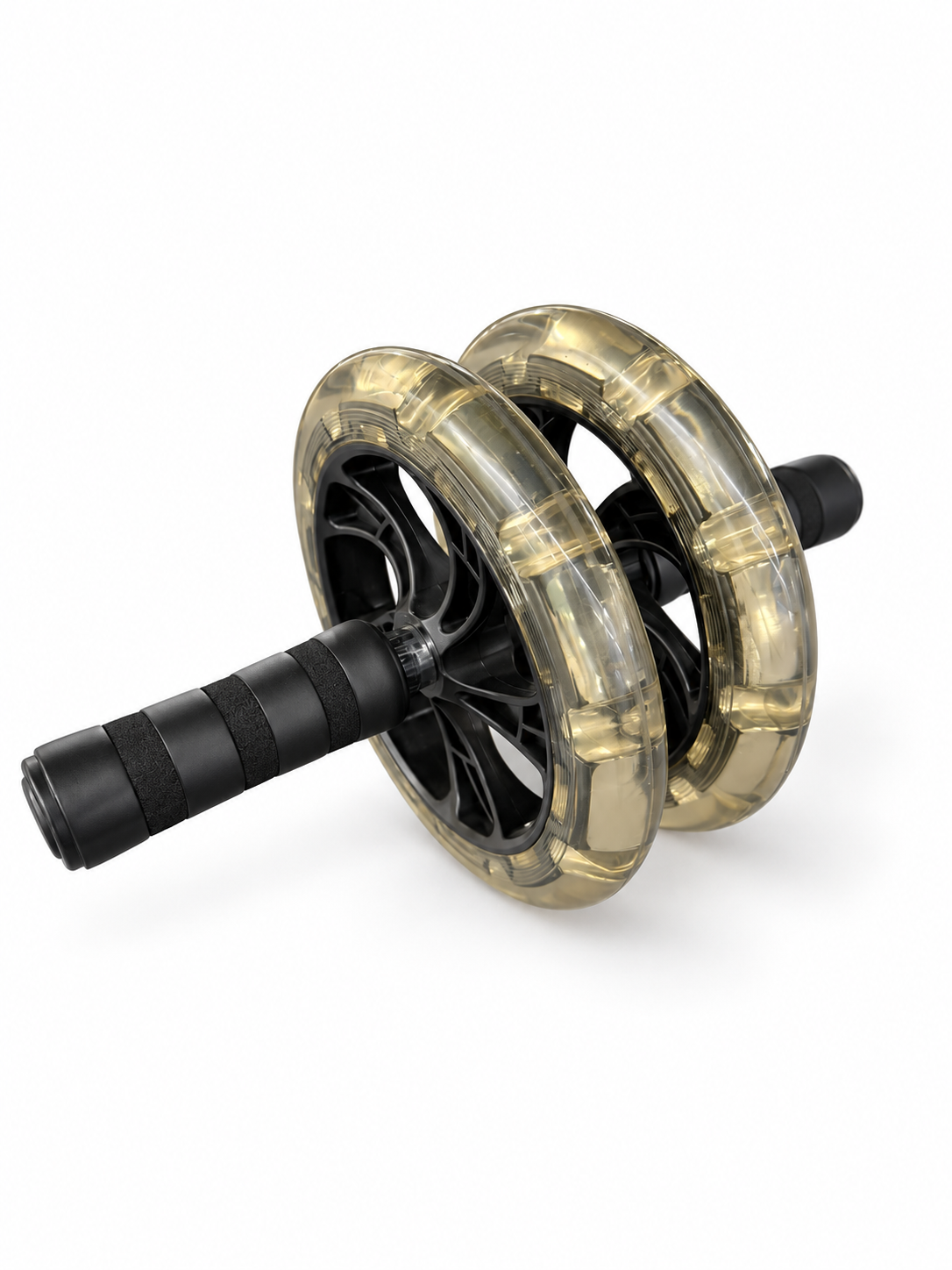 Dual ab wheel with translucent yellow wheels and black spoked hubs, three-quarter view — TSports Dubai