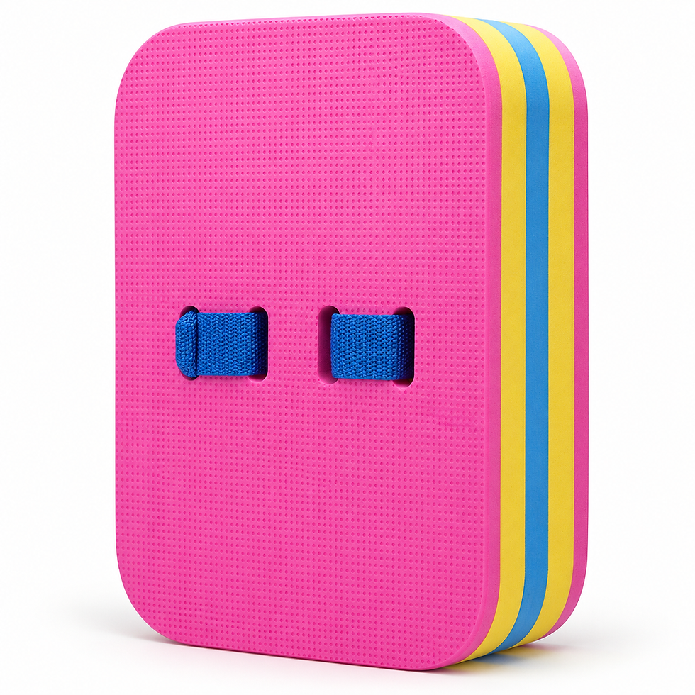Swim back float in layered EVA foam, pink with yellow and blue layers and a blue strap — TSports Dubai