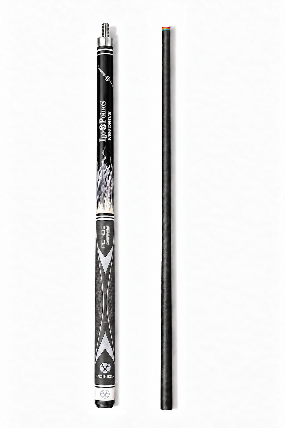 Pool cue with silver-white flames on a black forearm, shown in two parts on white — grip beside its carbon shaft