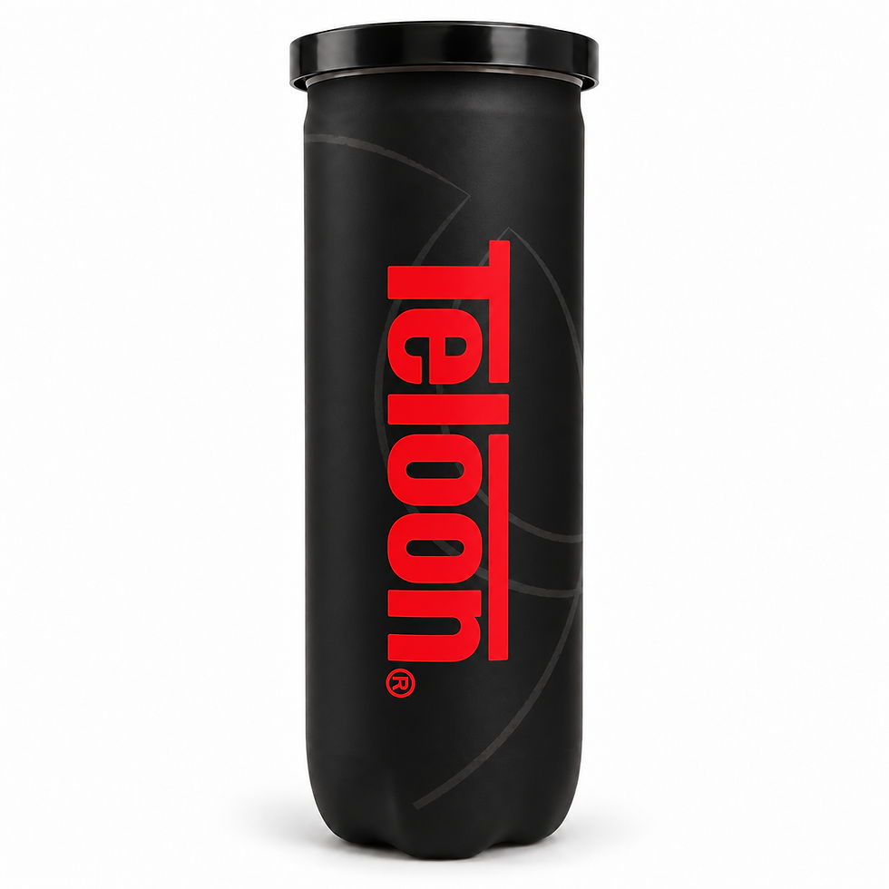 Back of the black Teloon POUND tennis ball tube with the red Teloon logo — TSports Dubai