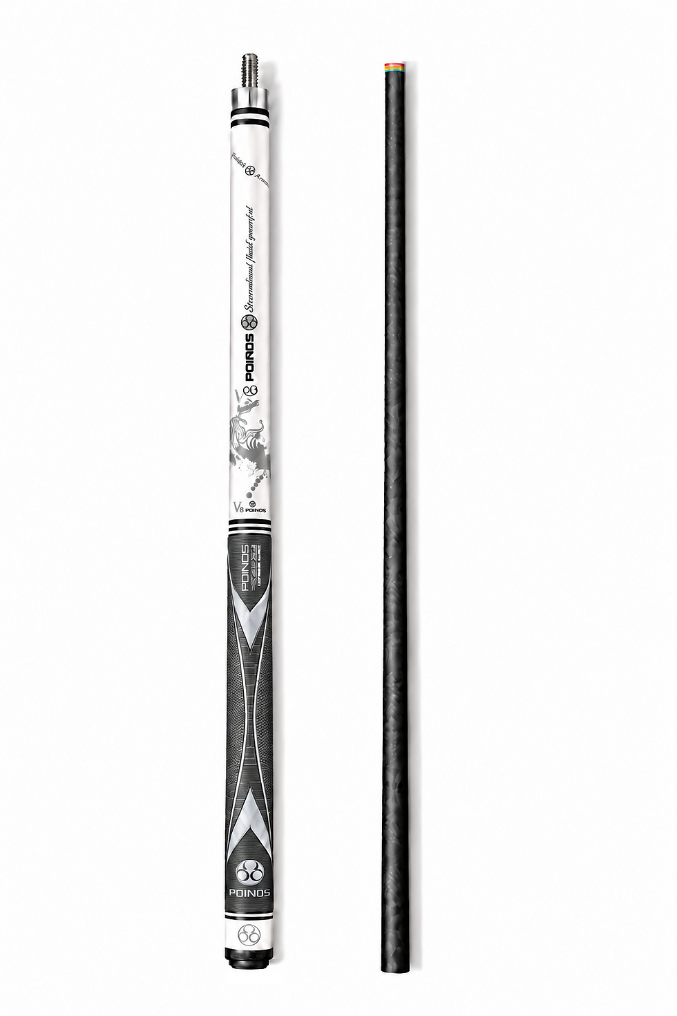 Pool cue with a silver-grey ink splash on a white forearm, shown in two parts on white — grip beside its carbon shaft