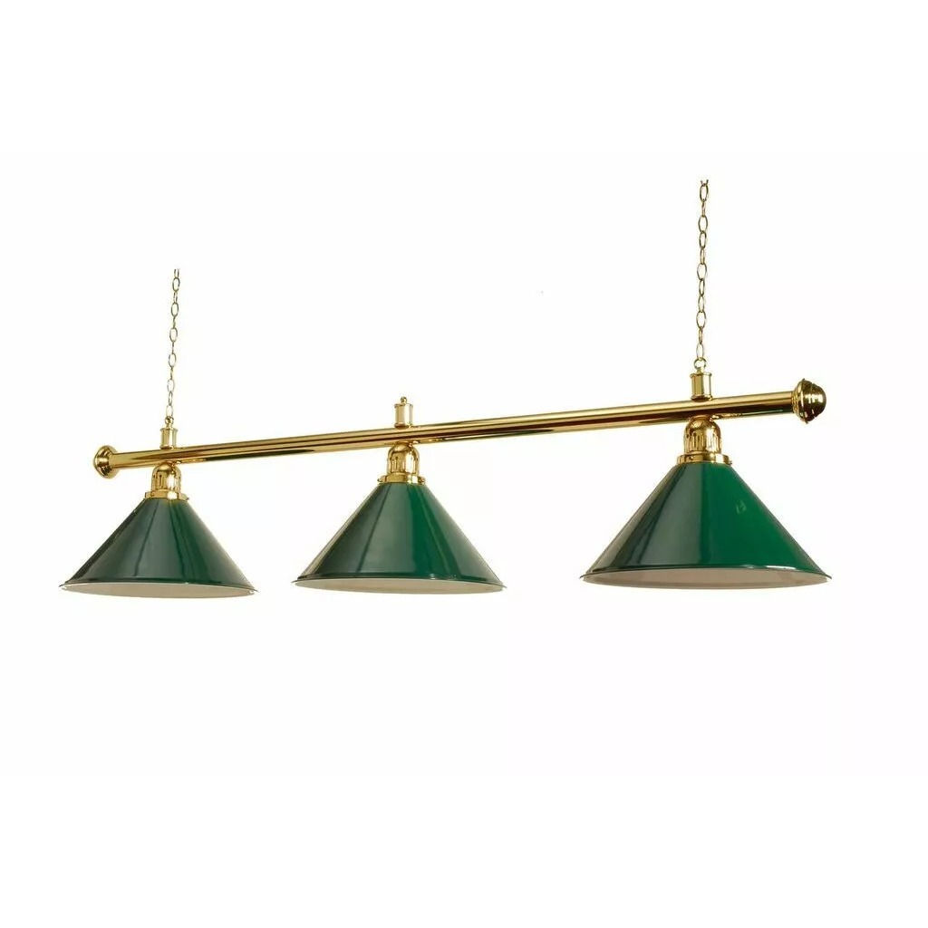 Green billiard light with three shades on a brass bar — TSports Dubai