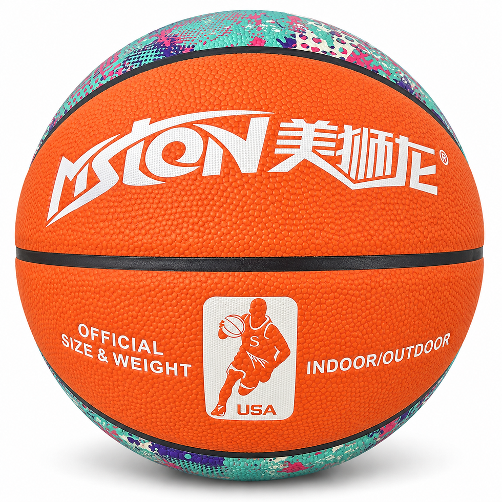 Orange size 7 basketball with a multicolour splatter design, front view — TSports Dubai