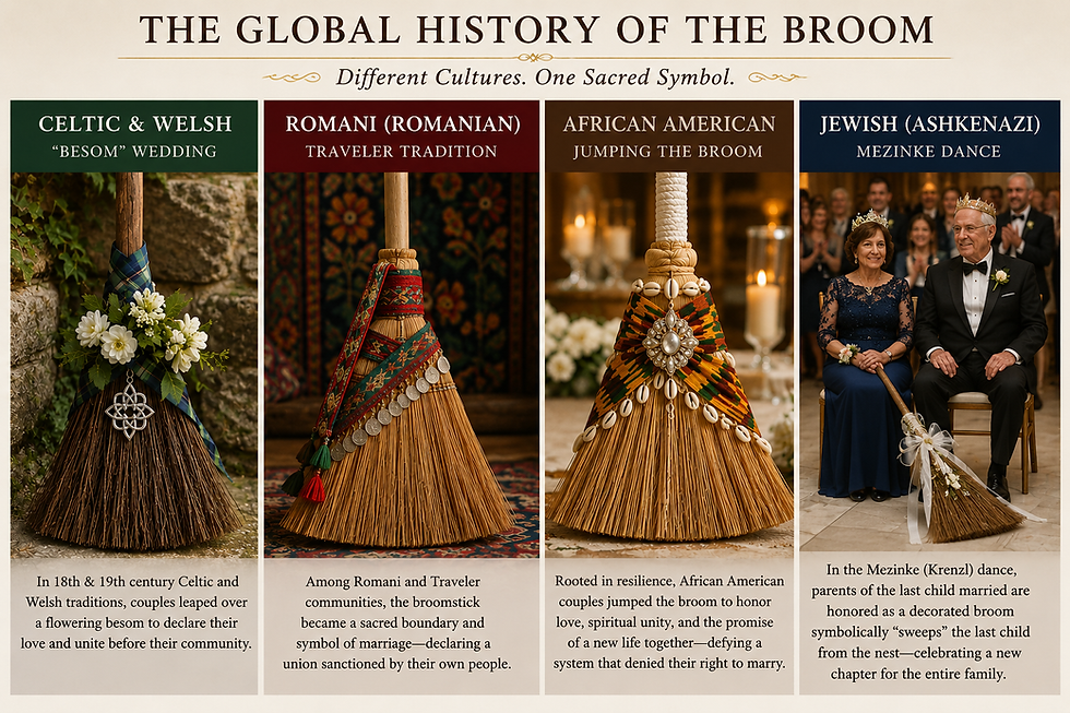 Global History of Jumping the Broom: Celtic broom, Romanian broom, African American broom, shown in the picture, each decorated to represent its history.