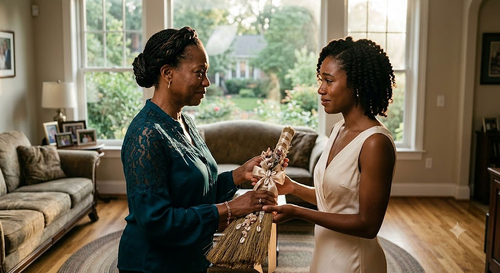 African American mother passing down a handcrafted wedding broom to her daughter in a sunlit living room.