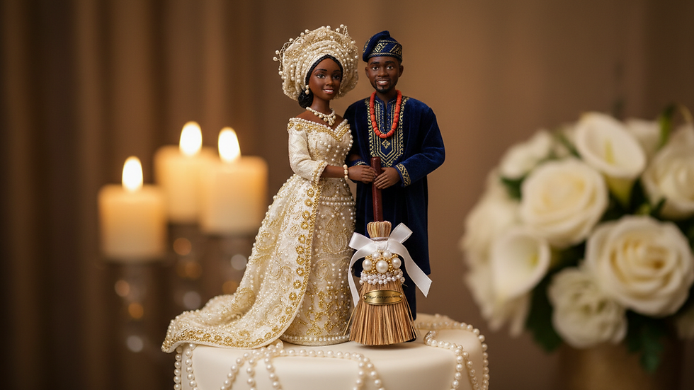 Close-up view of an elegant African American wedding cake topper with traditional attire
