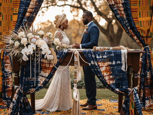 Eye-level view of a wedding decorated with African-inspired fabrics and floral arrangements, blended traditions 