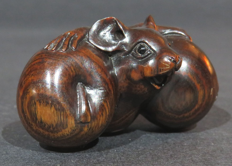 Thumbnail: A Signed Japanese Netsuke of a Rat with an Apple & Peach, Showa Period