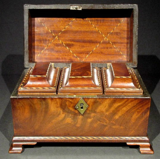 Thumbnail: A Superior 18th Century Chippendale Period Inlaid Mahogany Tea Caddy, English