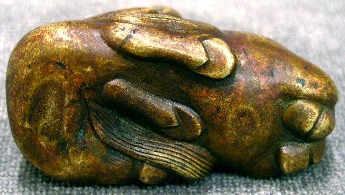 Thumbnail: A Chinese Bronze Paperweight in the Form of Two Recumbent Horses