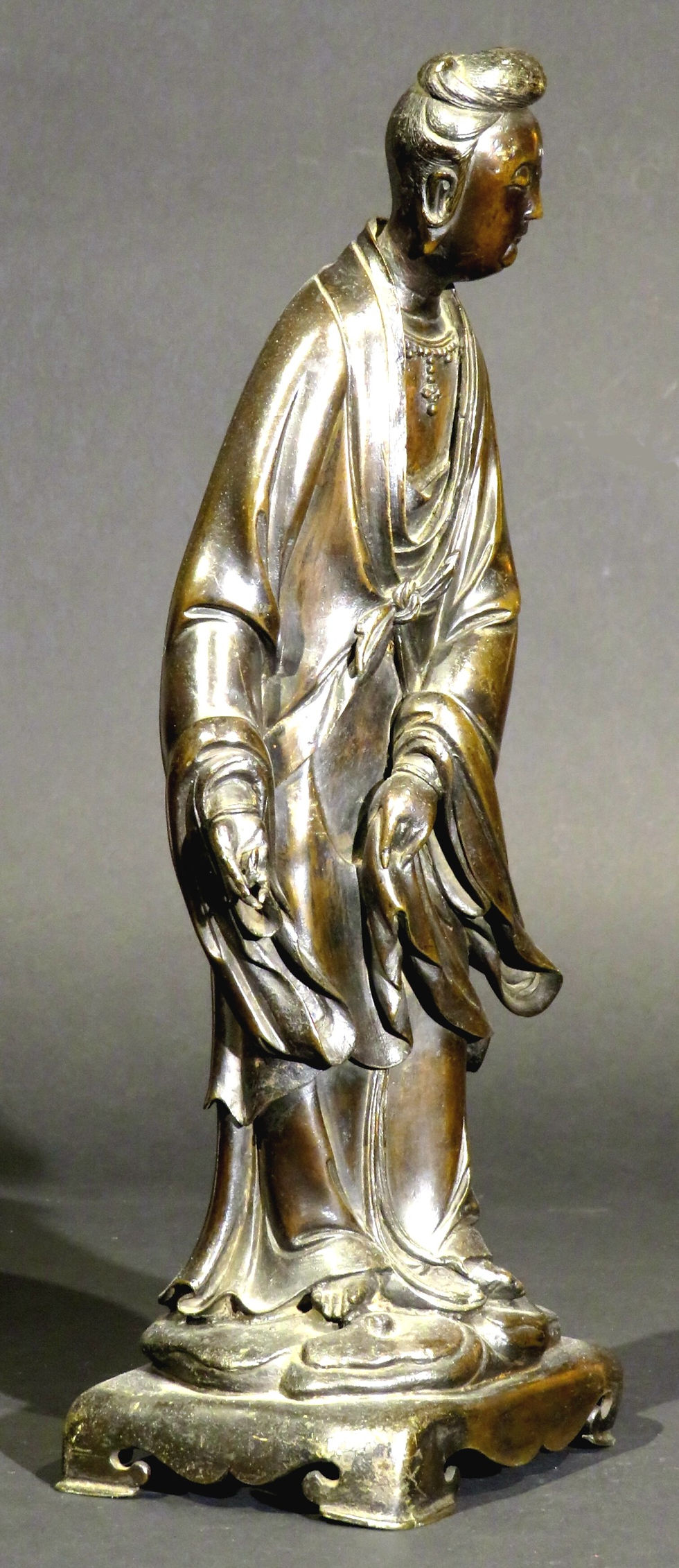 Thumbnail: A Finely Cast & Patinated Bronze Standing Figure of Guanyin, 18th / 19th Century