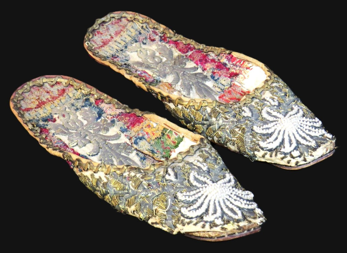 A Rare Pair of 18th Century Hand Embroidered Ottoman Slippers, Turkey Circa 1790