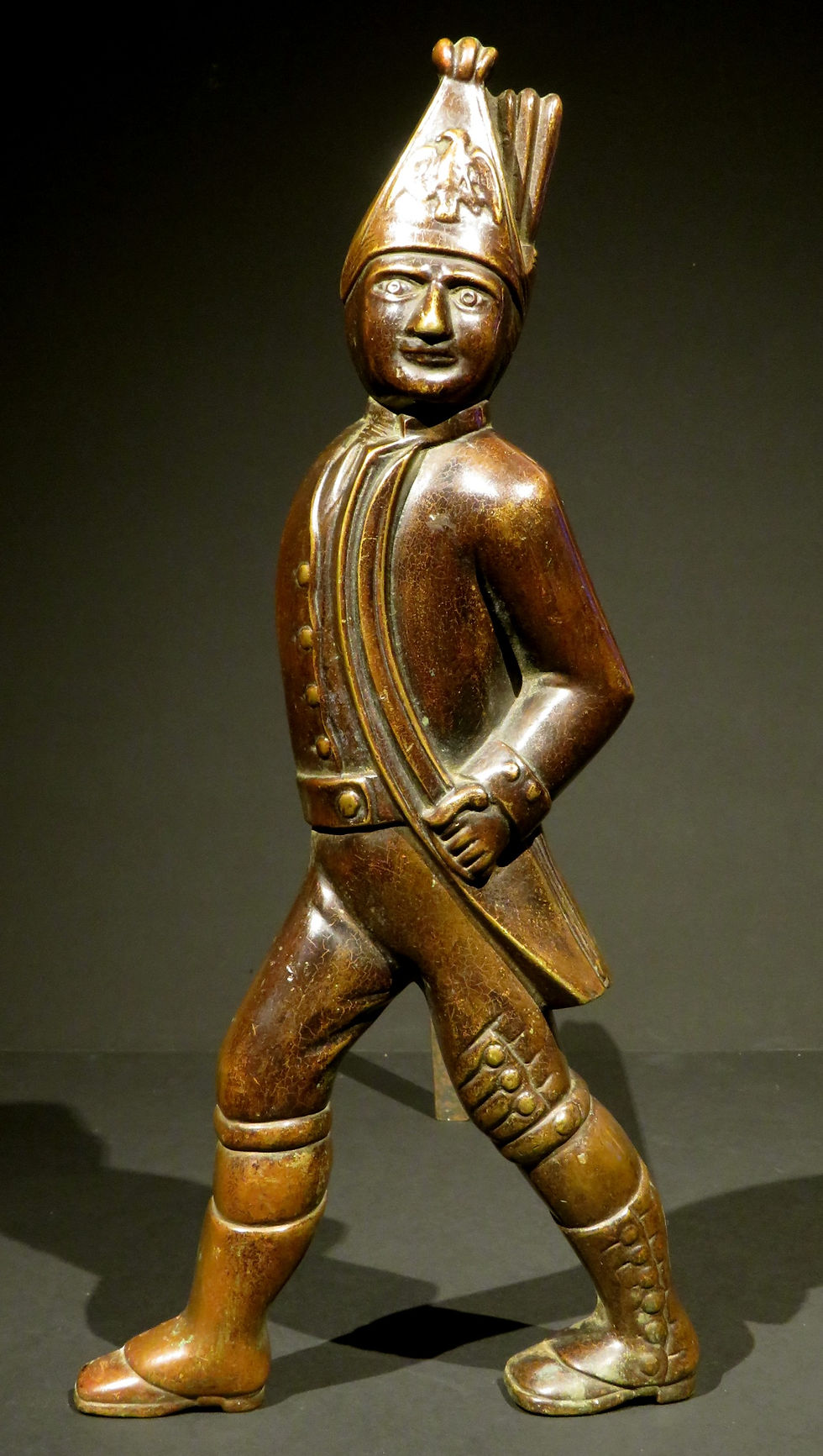 Thumbnail: A Rare Pair of 19th Century Hessian Soldier Bronze Andirons, American Circa 1850
