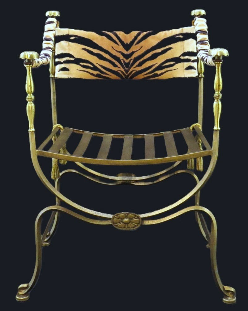 Thumbnail: A Hollywood Regency Wrought Iron & Brass Savonarola Chair