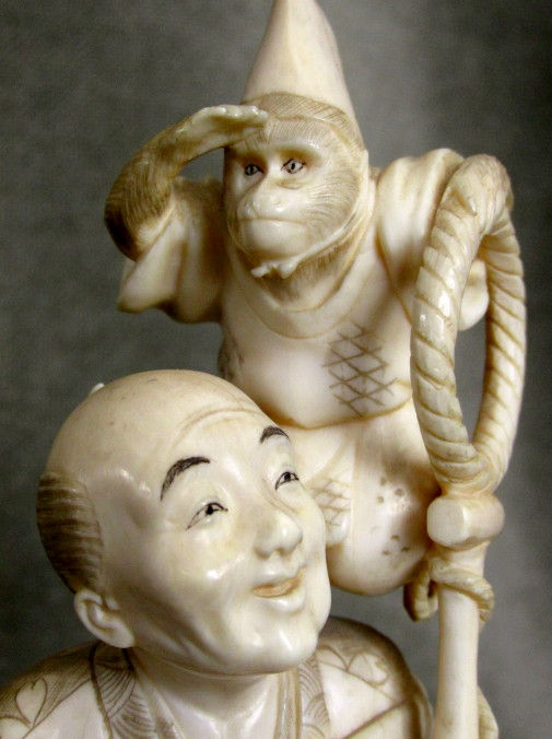 Thumbnail: Fine Japanese Ivory Okimono of a Monkey Trainer, Meiji Period (1868-1912)