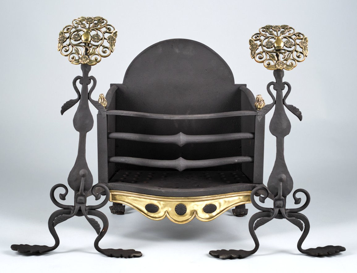 A Fine Arts & Crafts Wrought Iron & Parcel Gilt Fire Grate / Basket, Circa 1890