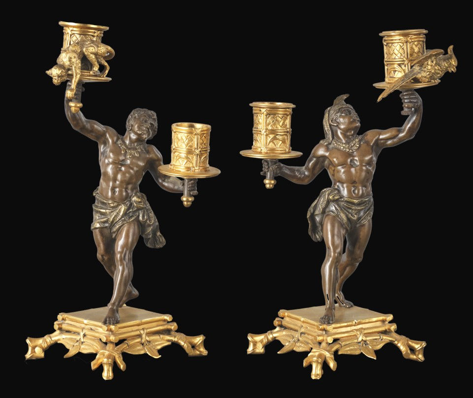 Thumbnail: An Exceptional Pair of Parcel Gilt Bronze Figural Candelabra, France Circa 1900