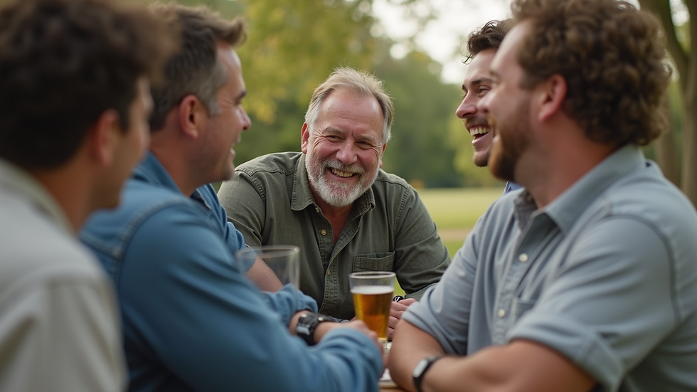 Close-up view of a casual outdoor gathering of men sharing a laugh