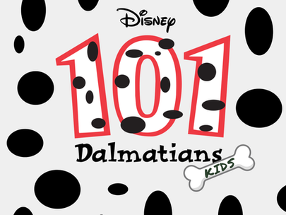 A light grey picture with irregular shaped black circles. In the middle of the image are the letter 101 outlined in red with the same irregular dots. Underneath it is Dalmations with a bone hanging off the s with KIDS on it.
