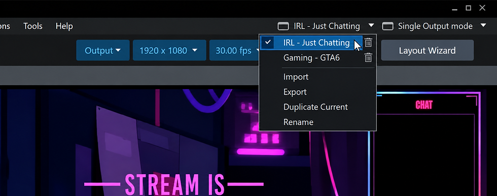 Menu do Presentation Switcher do XSplit Broadcaster mostrando configurações salvas de IRL e gaming.