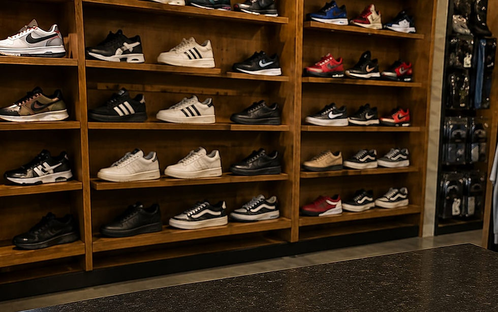 Wide landscape photo of wooden shoe store shelves filled with various sneakers, warm brown tones, focus on shoes, background slightly blurred.