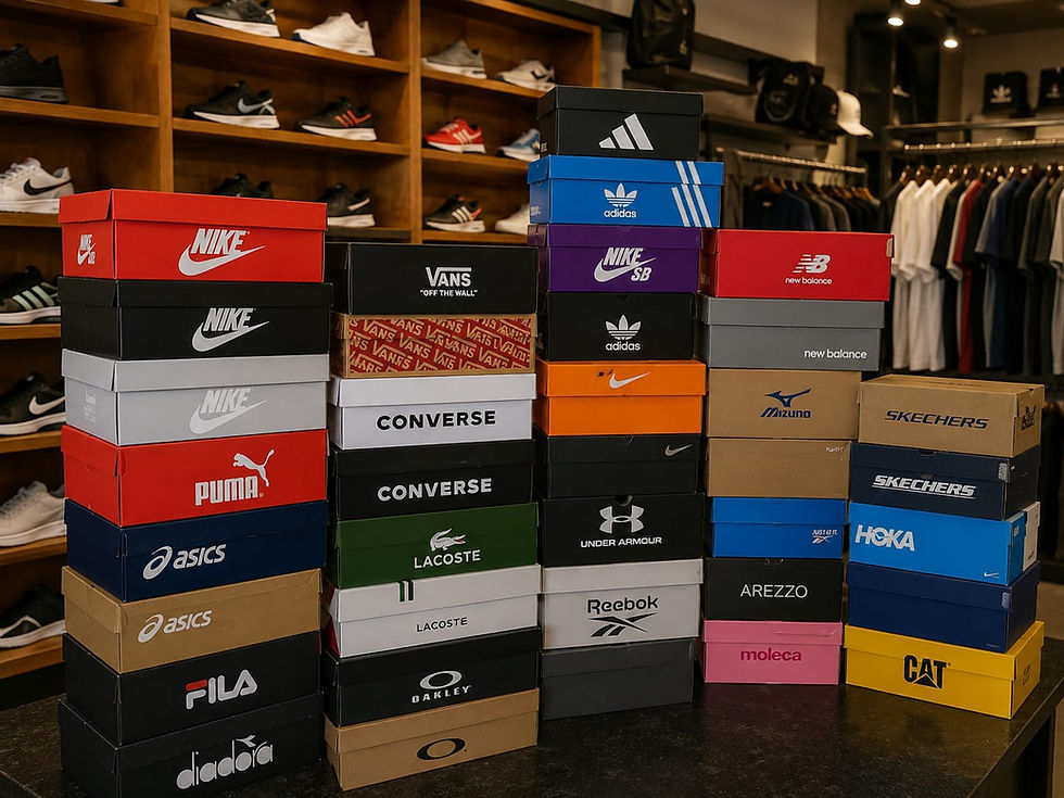 Wide landscape photo of stacked branded shoe boxes from many sports brands in a sneaker store, warm indoor lighting.