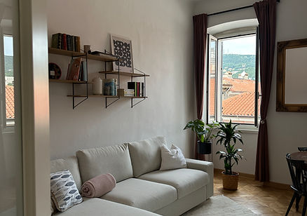 Gemütliches Wohnzimmer mit Sofa, Bücherregal und Blick auf die Stadt