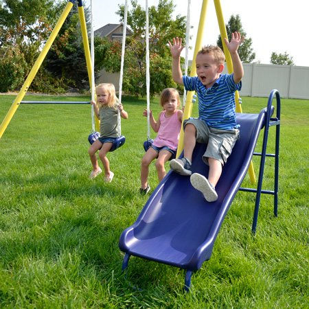 Thumbnail: Metal Swing Set with 5-ft Heavy Duty Slide and Two Swings